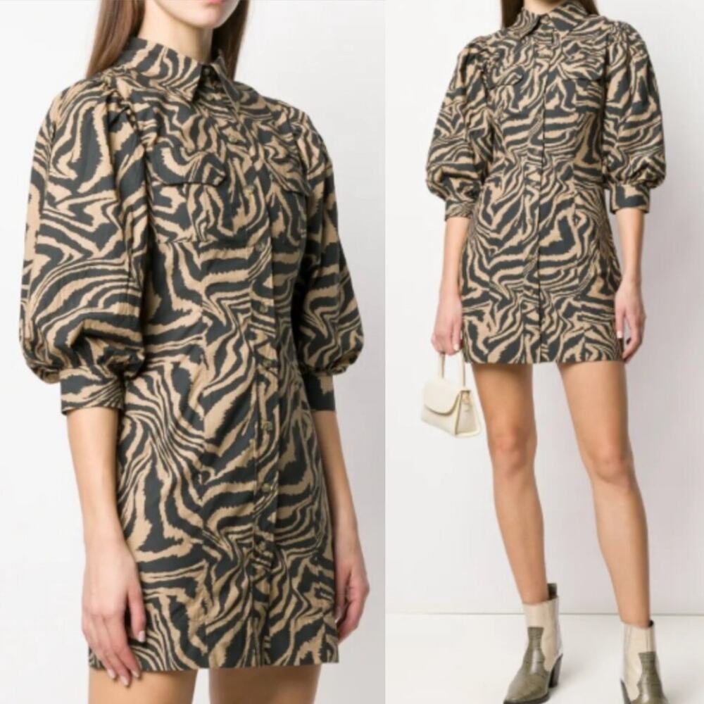 Ganni Puff Sleeve Mini Shirt Dress in Tiger Print